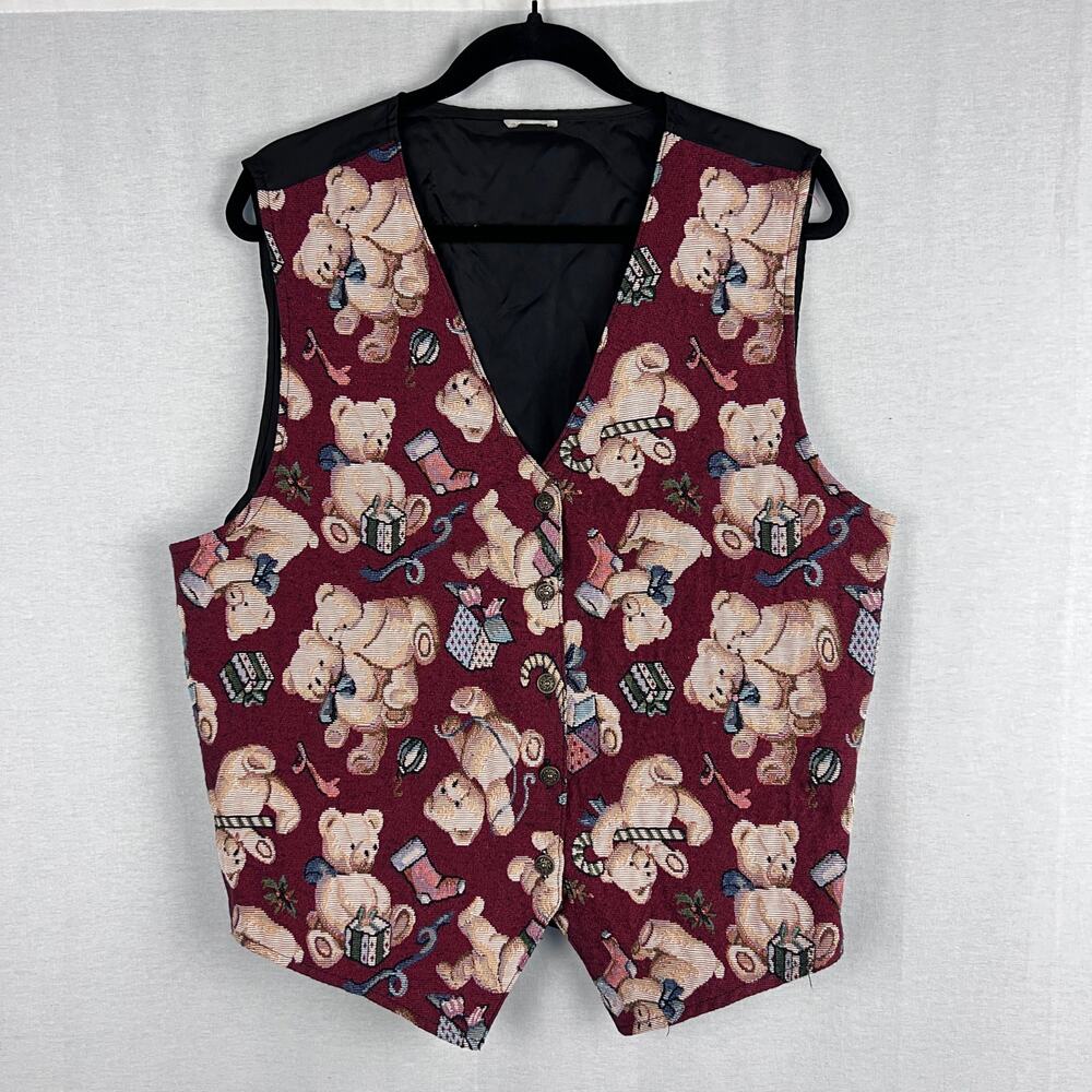 VTG Bobbie Brooks Christmas Vest Womens XL Tapestry Teddy Bear Novelty Holiday